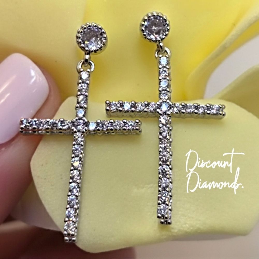 White Baguette Diamonds Adorn These Beautiful Cross Dangle Earrings 925 Silver